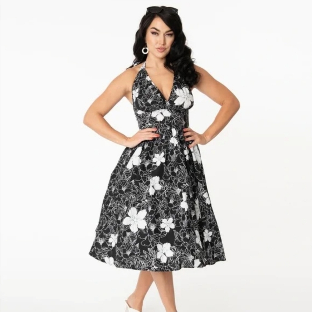 Unique Vintage Black And White Floral Donna‎ Swing Dress Size Small 4